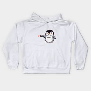 Funny Penguin with Pistol and Hearts Kids Hoodie